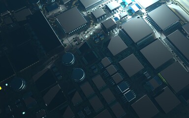 processor chip on a printed circuit board in red backlight. 3d illustration on the topic of technology and the power of artificial intelligence.