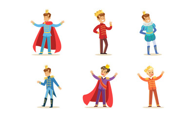 Fototapeta na wymiar Cute Little Prince Set, Boys in Crowns Dressed Elegant Fairytale Costumes Cartoon Vector Illustration