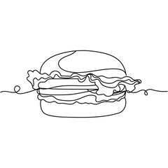 Continuous one line of burger in silhouette. Minimal style. Perfect for cards, party invitations, posters, stickers, clothing. Black abstract icon.