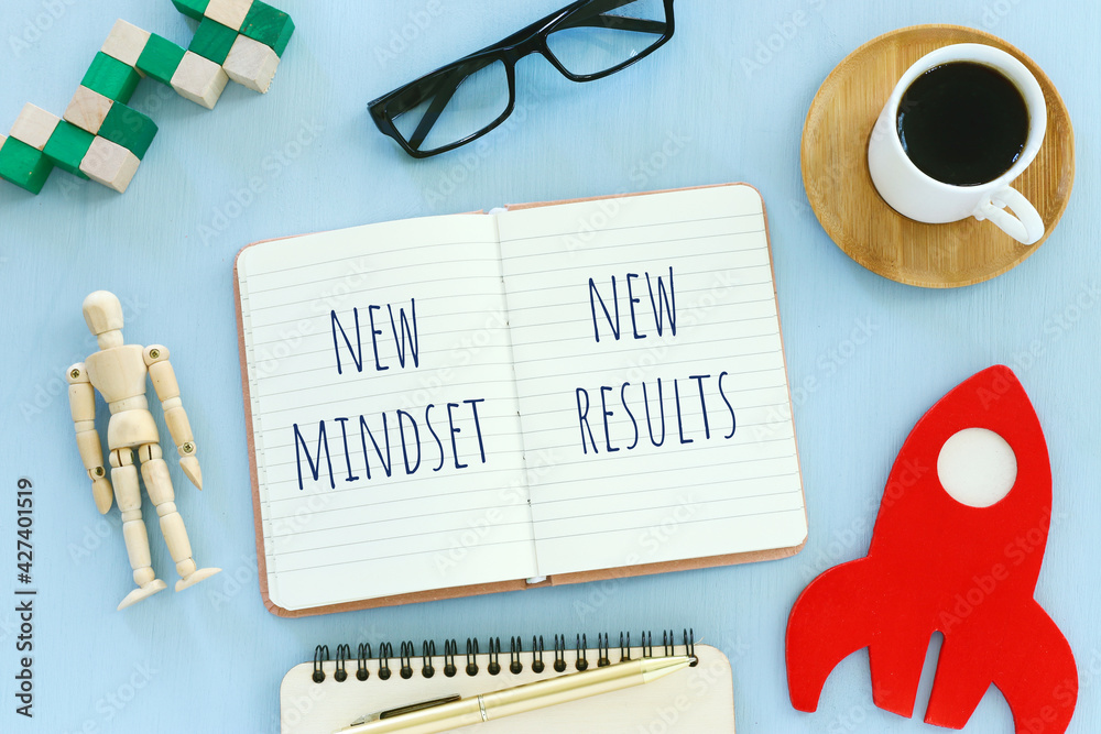 Poster top view image of table with open notebook and the text new mindset new results. success and persona