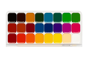 Box with watercolors and brush isolated on white background. A set for creativity. Artist's tools.