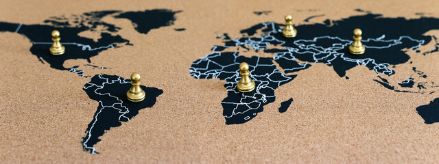 concept of geopolitics or worldwide economy. chess figures placed on map banner - obrazy, fototapety, plakaty