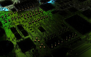 processor chip on a printed circuit board in red backlight. 3d illustration on the topic of technology and the power of artificial intelligence.