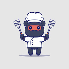 Cute ninja bear with chef uniform carrying spatulas