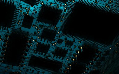 processor chip on a printed circuit board in red backlight. 3d illustration on the topic of technology and the power of artificial intelligence.