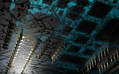 processor chip on a printed circuit board in red backlight. 3d illustration on the topic of technology and the power of artificial intelligence.