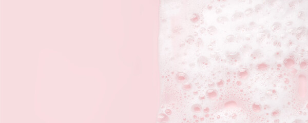 White foam bubbles texture on pink pastel background, copy space, banner for loundry, cleaning service, bathroom concept, clean, wash - liquid soap, shower gel, shampoo - 427402153