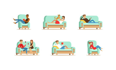 People Doing Different Activities while Sitting on Sofas Set, Young Men and Women Relaxing, Watching TV, Drinking Wine Cartoon Vector Illustration