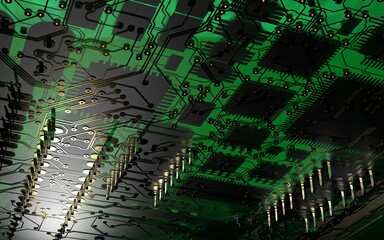 processor chip on a printed circuit board in red backlight. 3d illustration on the topic of technology and the power of artificial intelligence.