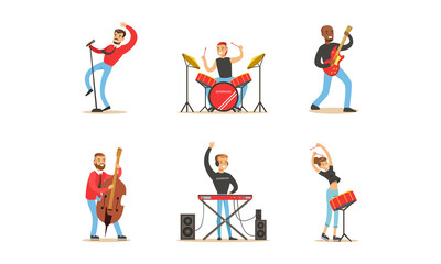 Fototapeta na wymiar Set of Musicians and Singers, People Playing Musical Instruments and Singing Cartoon Vector Illustration