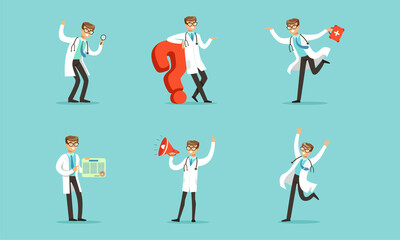 Male Medical Doctor Activity Set, Cheerful Therapist Doctor Character in White Coat Vector Illustration