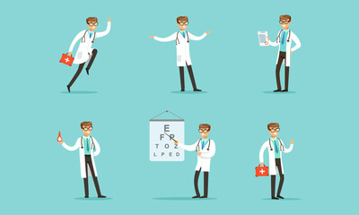 Male Medical Doctor Activity Set, Cheerful Therapist, Paramedic, Physician Character in White Coat Vector Illustration