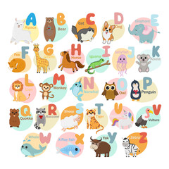 Obraz na płótnie Canvas English alphabet with cute animals isolated on white background. Vector illustration for teaching children learning a foreign language.