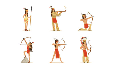 Fototapeta na wymiar Native American Indians in Traditional Clothes Set, Male and Female Warriors with Bows and Spears Cartoon Vector Illustration