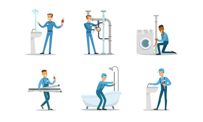 Professional Plumbers, Handymen in Blue Uniform Fixing Sanitary Engineering and Pipes, Repair Service and Maintenance Cartoon Vector Illustration