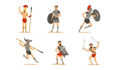 Fototapeta na wymiar Ancient Warriors Set, Greek, Roman and Spartan Soldiers in Armor Cartoon Vector Illustration