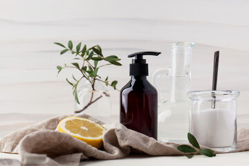 Eco-friendly natural cleaning products such as soda, lemon, vinegar. The concept of zero waste.