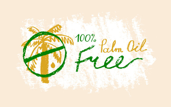 Palm oil free icon in trendy hand drawn style. Palm oil-free drawn isolated sign. Healthy lettering emblem of palm oil free. Black and white palm oil-free vector logo for Healthy food products.