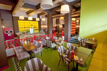 Colorful interior of stylish cozy color cafe