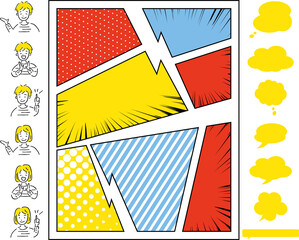 コマ割りフレーム　漫画風人物、吹き出しセット