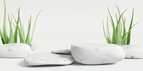 White stone product display podium stand with aloe vera on white background. 3D rendering - obrazy, fototapety, plakaty