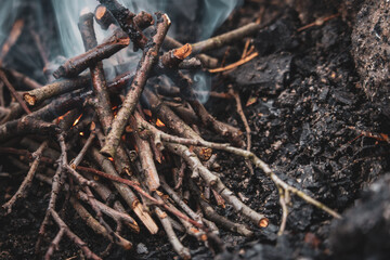 Fototapeta premium Wood burning in fireplace. Wooden sticks with smoke in firecamp. Flame and smoke. Picnic concept. Environment danger. Bonfire close up. Vacation in forest. 