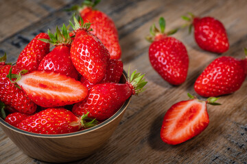 Ripe red strawberries on wooden table, High quality photo