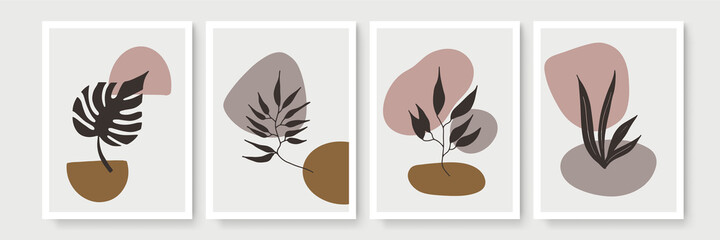 Abstract modern botanical boho poster collection. Organic bohemian wall art poster for minimal luxury interior with watercolor abstract shapes. Neutral paster color, foliage drawing. Acrylic vector
