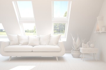 White minimalist living room with sofa. Scandinavian interior design. 3D illustration