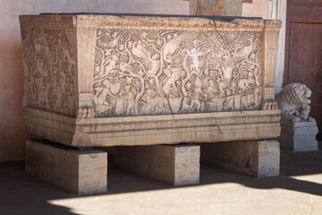 Carvings of sarcophagi probably of Athenian original,decorated on the front with a rich figuration of cupids harvesting,among bunches of grapes and various animals,roosters