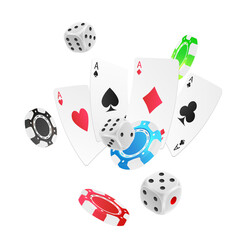 Poster with falling red, green, blue, black poker chips, tokens, silver dices, playing cards on white background. Vector illustration for casino, game design, advertising.