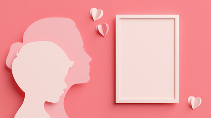 Happy Mother's Day elegant greeting card background. Vertical photo frame mockup with mom and son silhouettes in papercut style for Mothers Day in 3D rendering