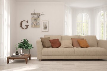 White living room with sofa. Scandinavian interior design. 3D illustration