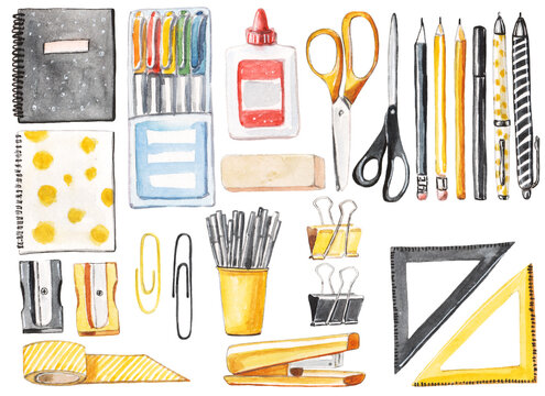 Back to school watercolor set with the notebooks, scissors, eraser, pencils and pens, rulers, felt pens and liners, sharpeners and clips.