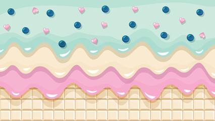 Melted flowing ice-cream background. Cream and white chocolate bar layers horizontal template. Girly. Vector