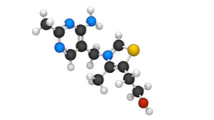 Vitamin B1(Thiamine or aneurine). 3D illustration. Chemical structure model: Ball and Stick. White background.