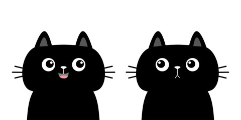 Black cat kitten kitty silhouette icon set. Cute kawaii cartoon character. Sad happy face. Happy Valentines Day. Baby greeting card tshirt notebook cover print. White background. Flat design.