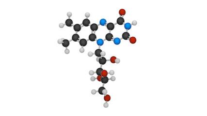 Vitamin B2(Riboflavin). Also known as Vitamin G, vactochrome, lactoflavin. Formula: C17H20N4O6. 3D illustration. Chemical structure model: Ball and Stick. White background.