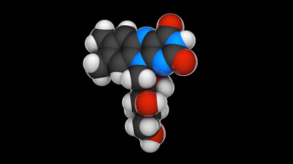 Vitamin B2(Riboflavin). Also known as Vitamin G, vactochrome, lactoflavin. Formula: C17H20N4O6. 3D illustration. Chemical structure model: Space-Filling. Black background.