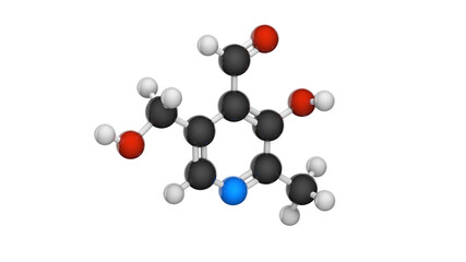 Molecular structure of Vitamin B6 (Pyridoxal). 3D illustration. Chemical structure model: Ball and Stick. White background.