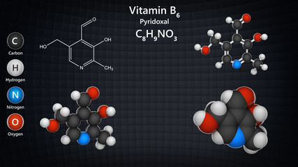 Molecular structure of Vitamin B6 (Pyridoxal). 3D illustration. Chemical structure model: Ball and Stick + Balls + Space-Filling.