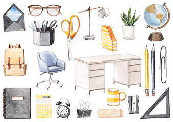 Watercolor set of the office stationaries: desc, chair, lamp, backpack, mug, pens and pencils, notebook, glasses and more.