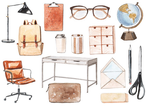 Isolated set of the office furniture and stationeries. The desk, leather chair, lamp, mug, glasses, glob and more.