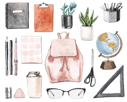 Hand drawn watercolor set of the school stationeries with notebooks, pens and pencils, scissors, glasses, eraser, the glob, backpack, plants in pots and more.