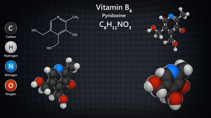 Molecular structure of Vitamin B6(Pyridoxine). Also known as Pyridoxol. 3D illustration. Chemical structure model: Ball and Stick + Balls + Space-Filling.