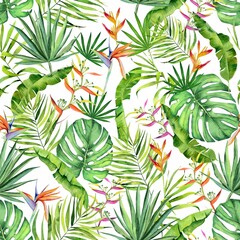 Watercolor tropical leaves and flowers pattern. Monstera, heliconia and  palm leaves handdrawn pattern on white. Colorfull pattern for design textile, wallpapers, prints and banners.	