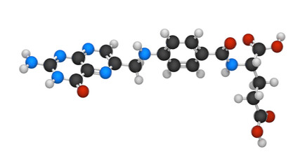 Vitamin B9 (Folate). Also known as Folacin, and historically Vitamin M. 3D illustration. Chemical structure model: Ball and Stick. Isolated on white background.