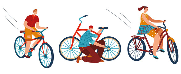 Naklejka premium Bicycle riding together, people ride bicycle, young healthy happy exercise, isolated on white, flat style vector illustration. Leisure fun, lifestyle character transportation, outdoor travel fast
