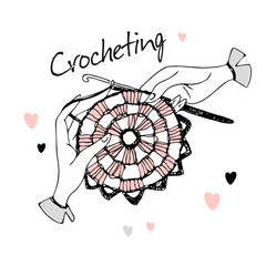 Crocheting. Hands knitting a napkin. Logo. Vector.