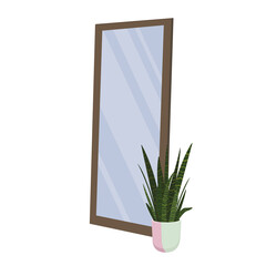 Floor-standing large rectangular mirror with a potted flower in a flat style isolated on a white background. Interior and design of a cozy house